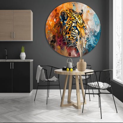 Kleurrijk abstract schilderij van een luipaard aluminium muurcirkel