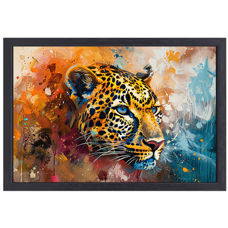 Kleurrijk abstract schilderij van een luipaard canvas met baklijst