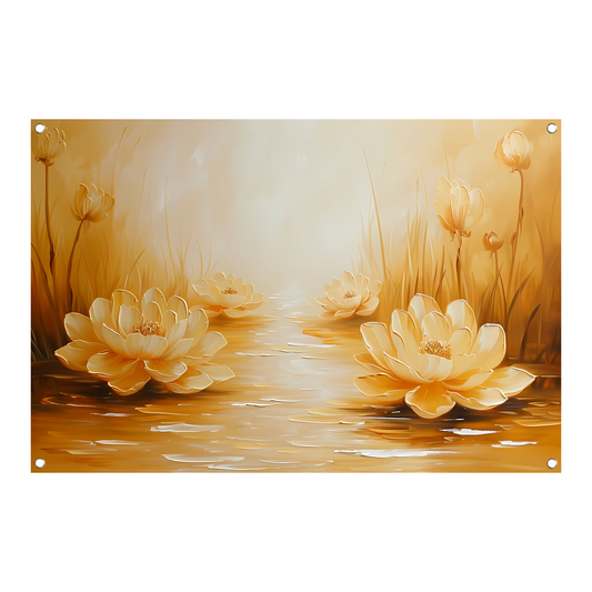 Gouden waterlelies in serene omgeving tuinposter