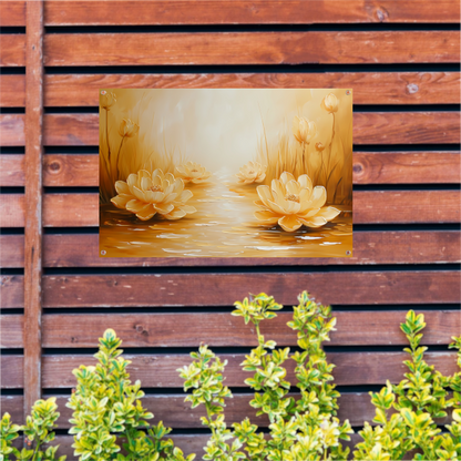 Gouden waterlelies in serene omgeving tuinposter
