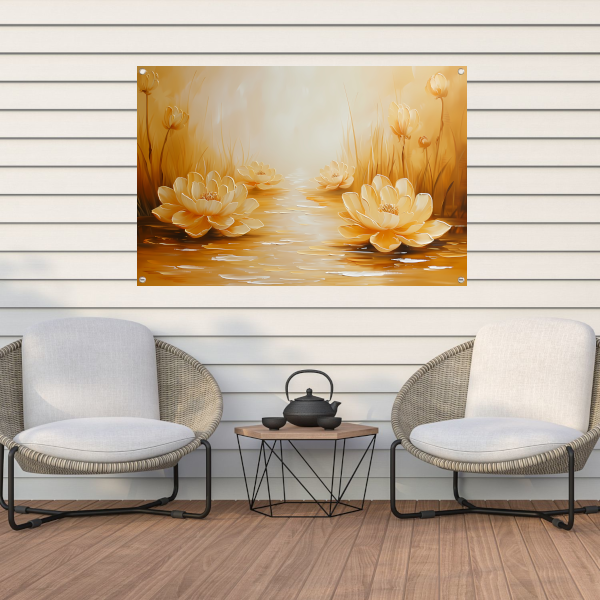 Gouden waterlelies in serene omgeving tuinposter