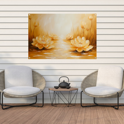 Gouden waterlelies in serene omgeving tuinposter