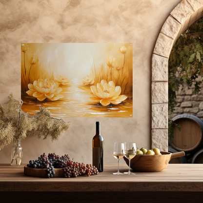 Gouden waterlelies in serene omgeving tuinposter