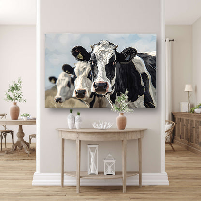 Close-up van zwart-witte koeien in landschap canvas