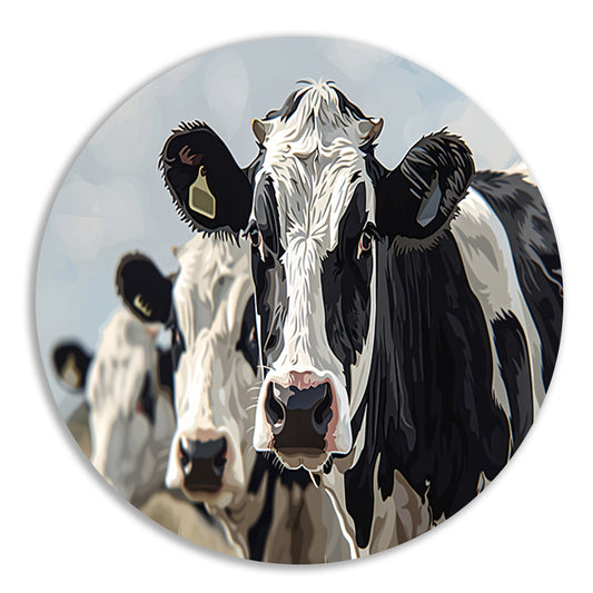 Close-up van zwart-witte koeien in landschap forex muurcirkel