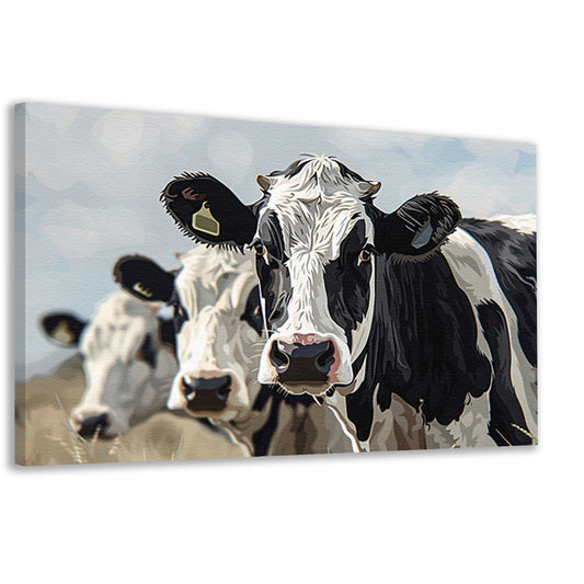 Close-up van zwart-witte koeien in landschap canvas