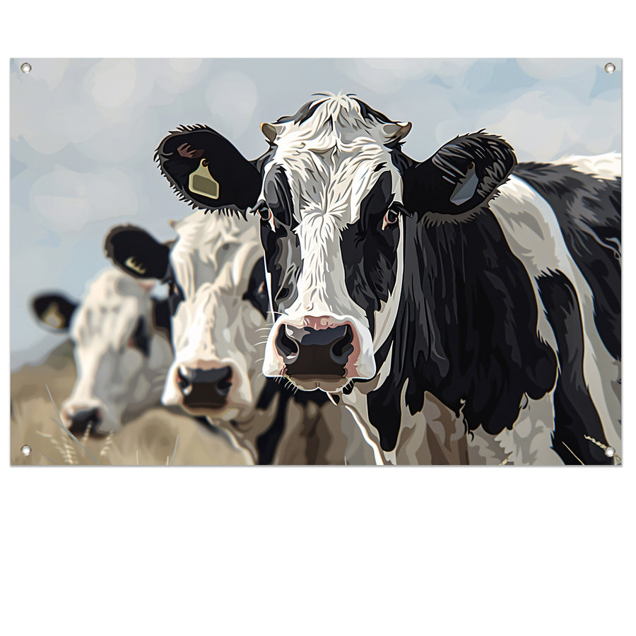 Close-up van zwart-witte koeien in landschap tuinposter