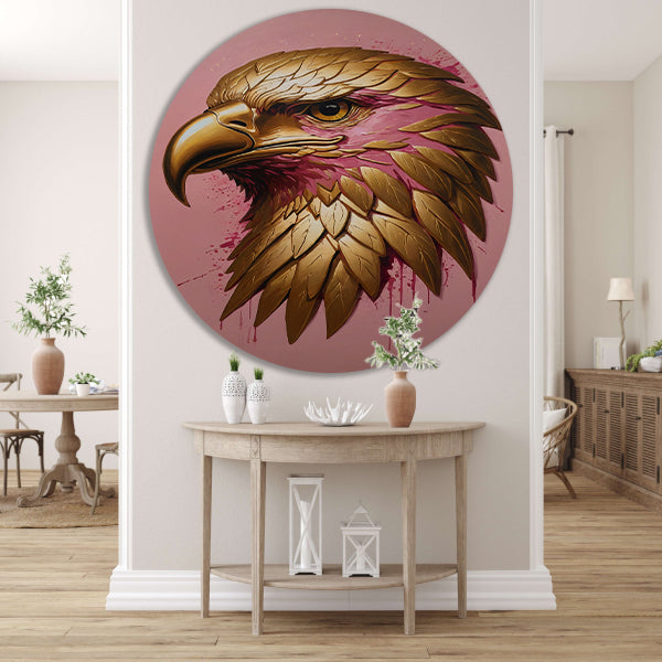 Gouden Adelaar met Roze Verfspatten aluminium muurcirkel