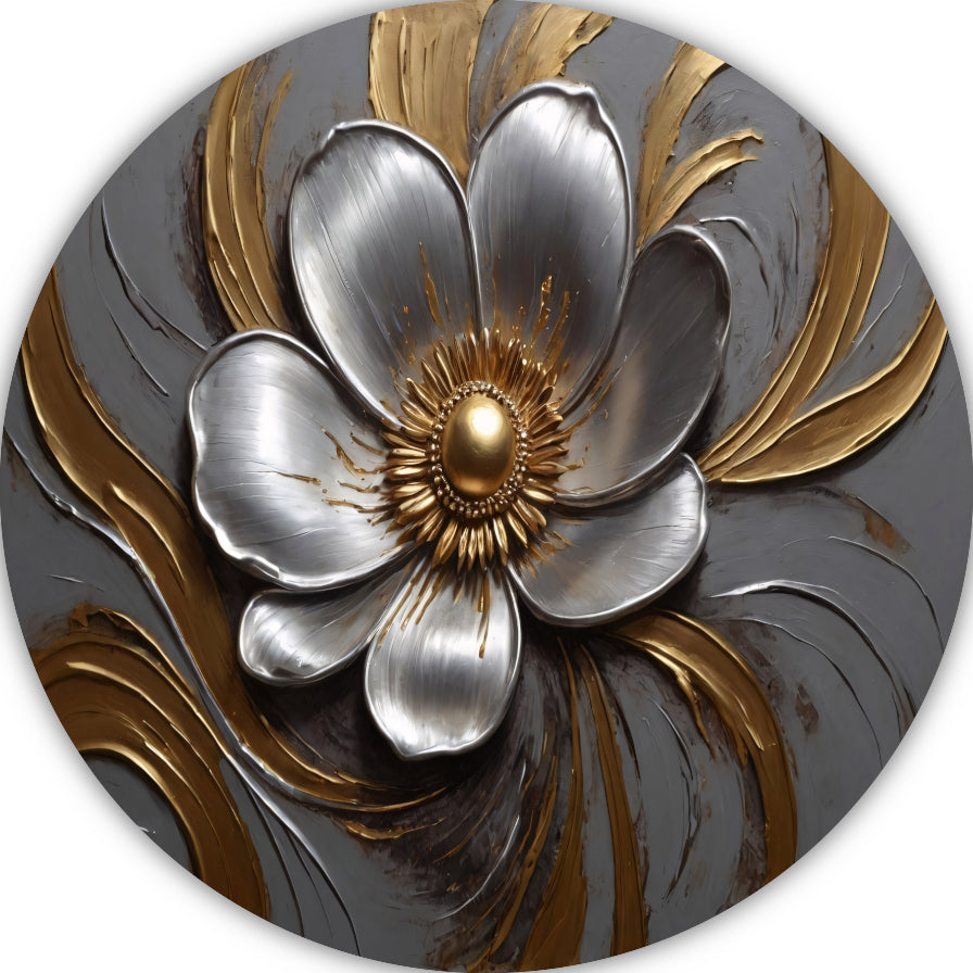 Gouden en Zilveren Bloem in Relief aluminium muurcirkel