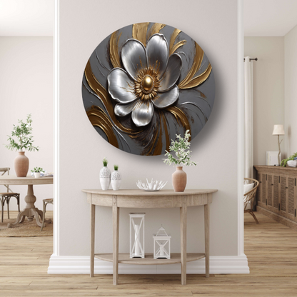 Gouden en Zilveren Bloem in Relief aluminium muurcirkel