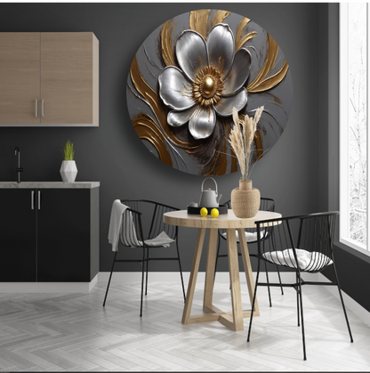Gouden en Zilveren Bloem in Relief aluminium muurcirkel
