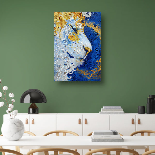 Surrealistisch schilderij van een leeuw in kleuren canvas met baklijst