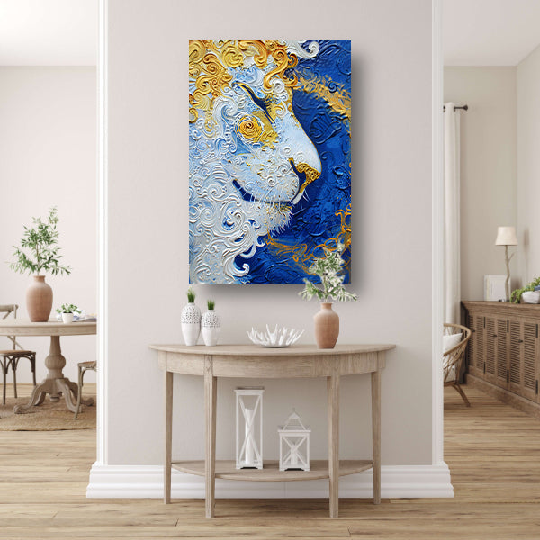 Surrealistisch schilderij van een leeuw in kleuren canvas met baklijst