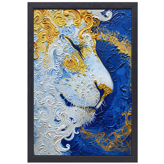 Surrealistisch schilderij van een leeuw in kleuren canvas met baklijst