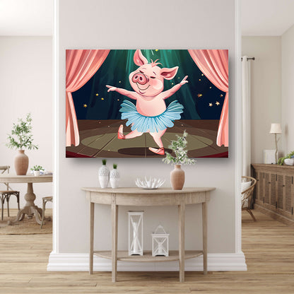 Vrolijk dansend varken in tutu op podium acrylglas