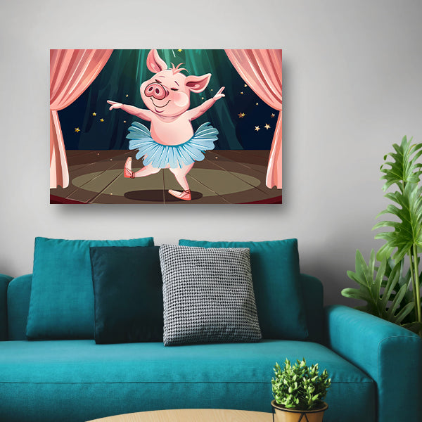 Vrolijk dansend varken in tutu op podium acrylglas