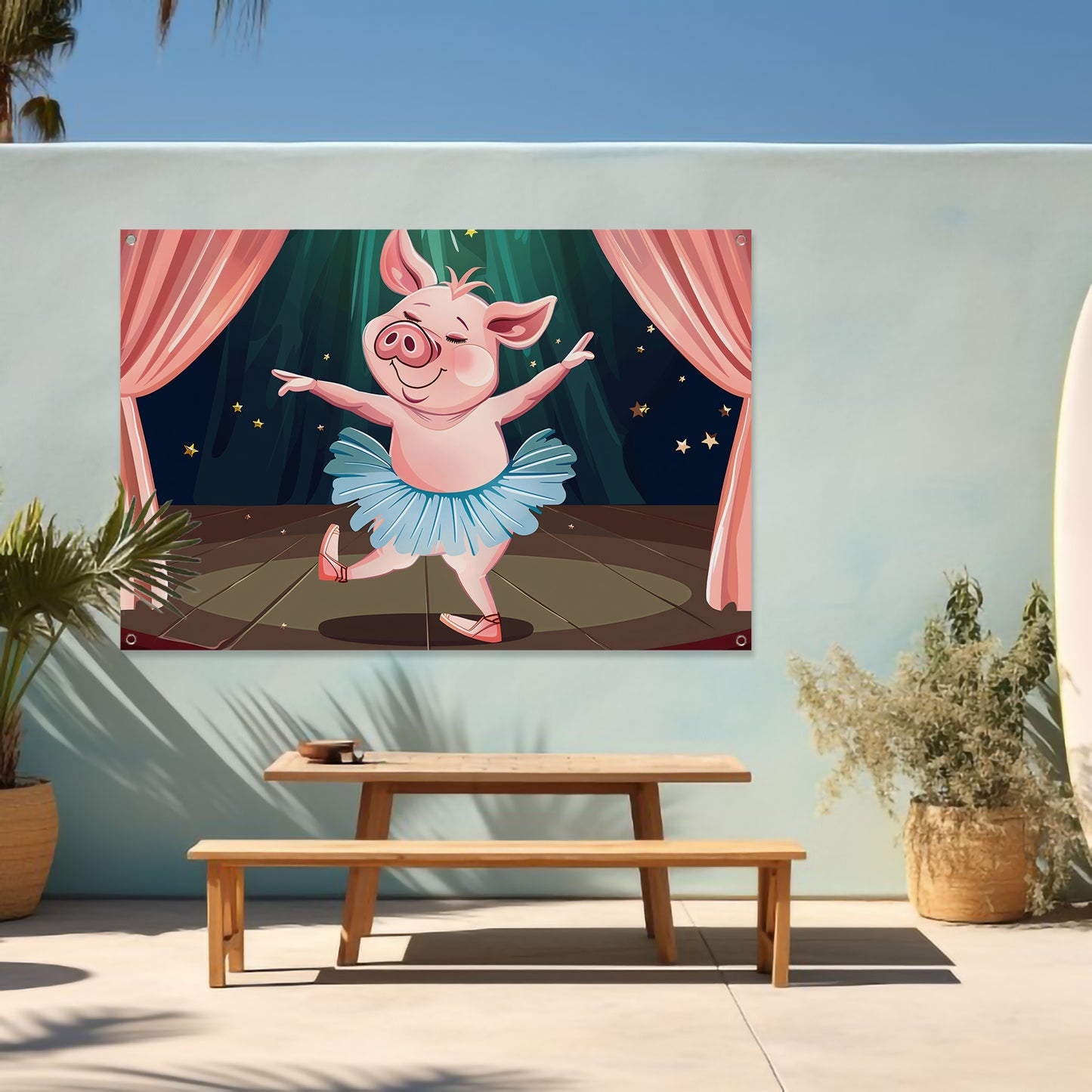 Vrolijk dansend varken in tutu op podium tuinposter