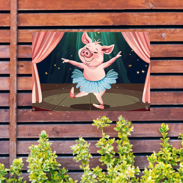 Vrolijk dansend varken in tutu op podium tuinposter