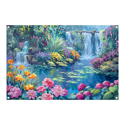 Betoverende Bloementuin met Levendige Waterval tuinposter