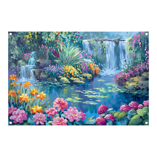 Betoverende Bloementuin met Levendige Waterval tuinposter