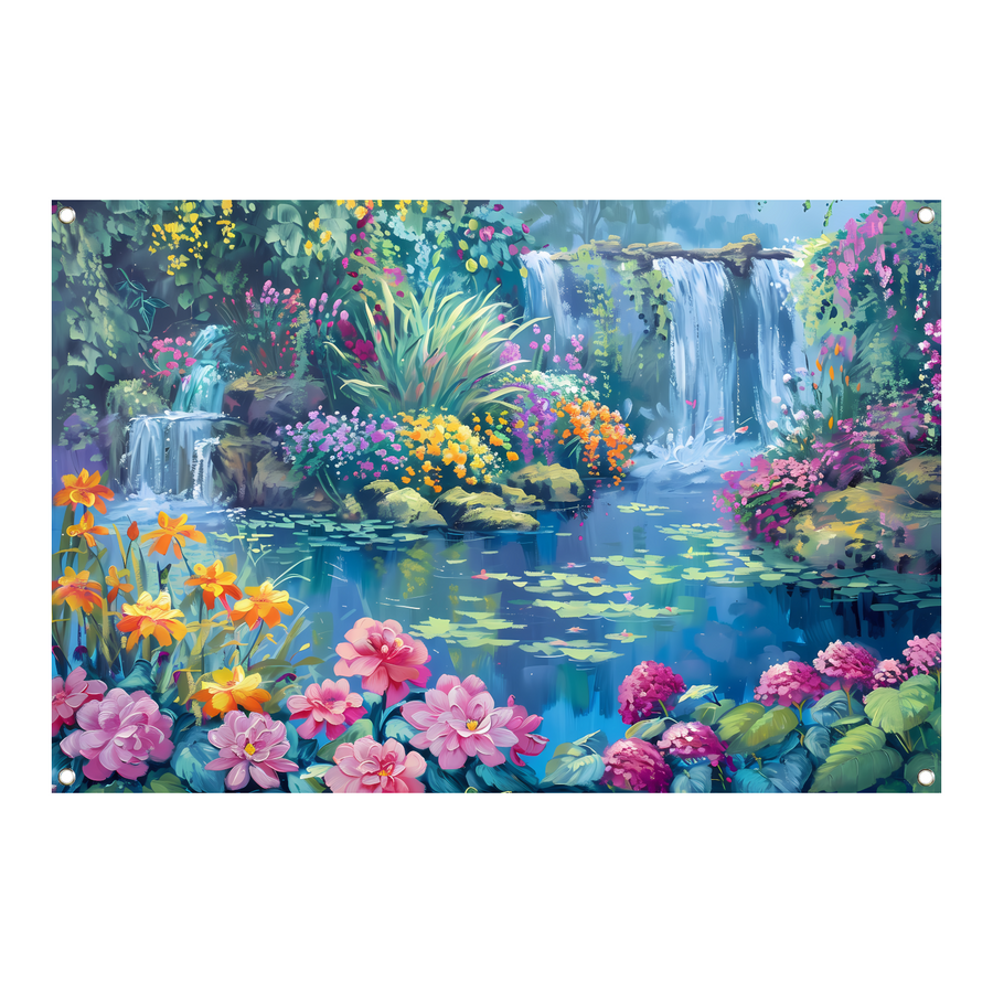 Betoverende Bloementuin met Levendige Waterval tuinposter
