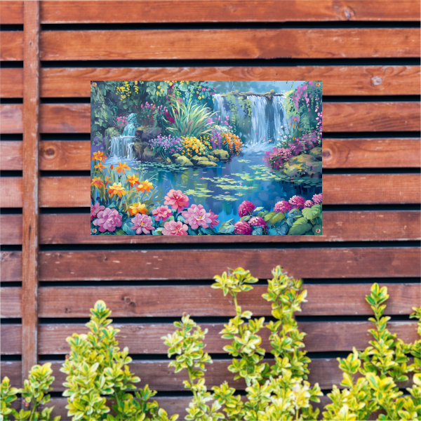 Betoverende Bloementuin met Levendige Waterval tuinposter