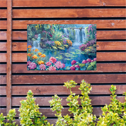 Betoverende Bloementuin met Levendige Waterval tuinposter