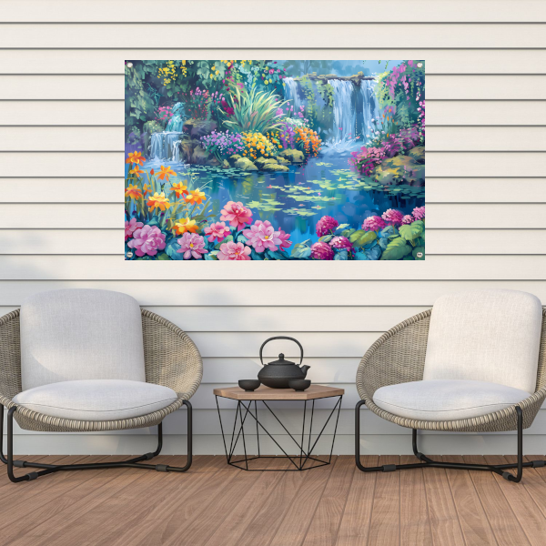 Betoverende Bloementuin met Levendige Waterval tuinposter