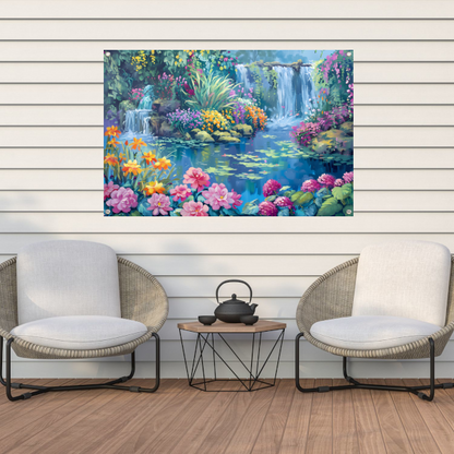 Betoverende Bloementuin met Levendige Waterval tuinposter