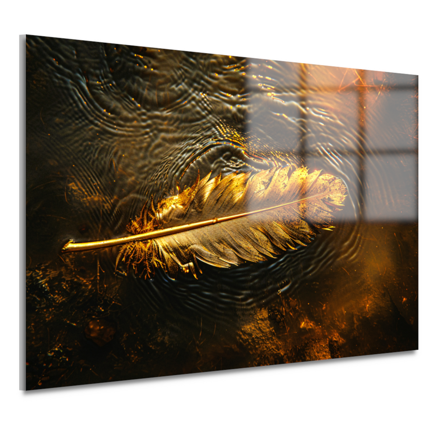 Gouden veer drijvend op een waterige zonsondergang acrylglas