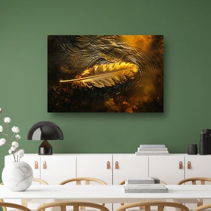 Gouden veer drijvend op een waterige zonsondergang poster