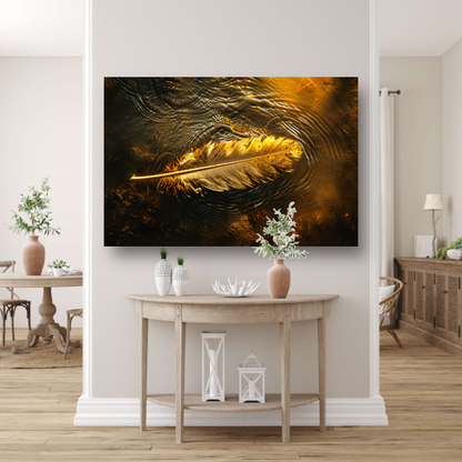 Gouden veer drijvend op een waterige zonsondergang poster
