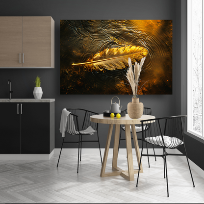 Gouden veer drijvend op een waterige zonsondergang poster
