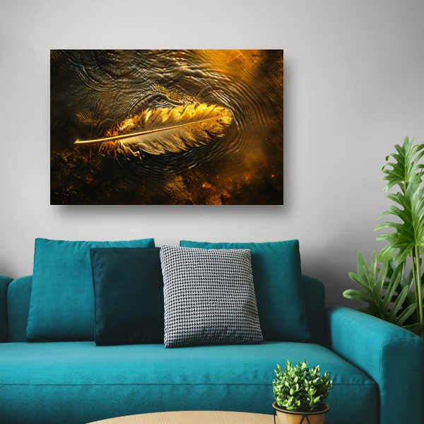 Gouden veer drijvend op een waterige zonsondergang poster