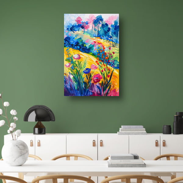 Kleurrijk aquarel van zomerse bloemen en bomen canvas met baklijst