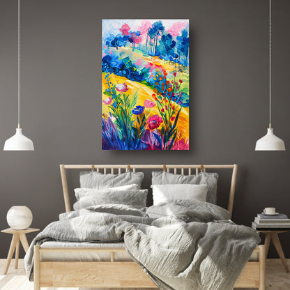 Kleurrijk aquarel van zomerse bloemen en bomen canvas met baklijst