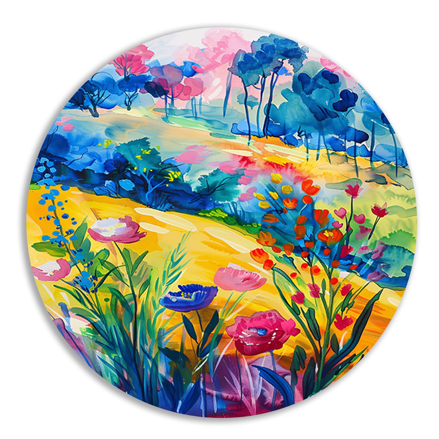 Kleurrijk aquarel van zomerse bloemen en bomen aluminium muurcirkel