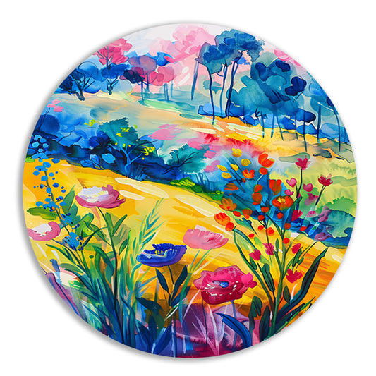 Kleurrijk aquarel van zomerse bloemen en bomen aluminium muurcirkel