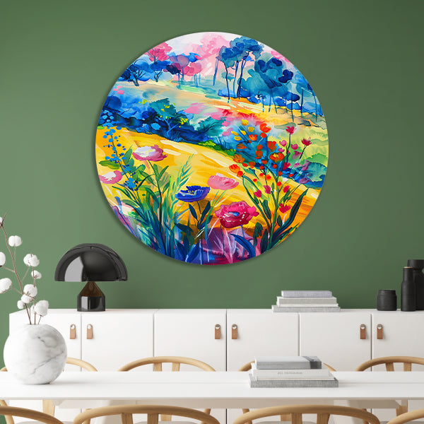 Kleurrijk aquarel van zomerse bloemen en bomen aluminium muurcirkel