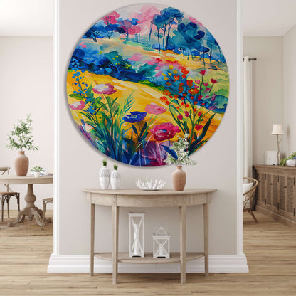 Kleurrijk aquarel van zomerse bloemen en bomen aluminium muurcirkel