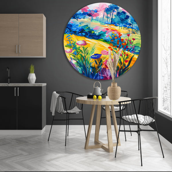 Kleurrijk aquarel van zomerse bloemen en bomen aluminium muurcirkel