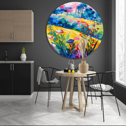 Kleurrijk aquarel van zomerse bloemen en bomen aluminium muurcirkel