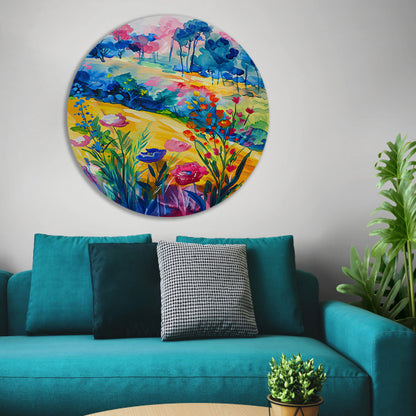 Kleurrijk aquarel van zomerse bloemen en bomen aluminium muurcirkel