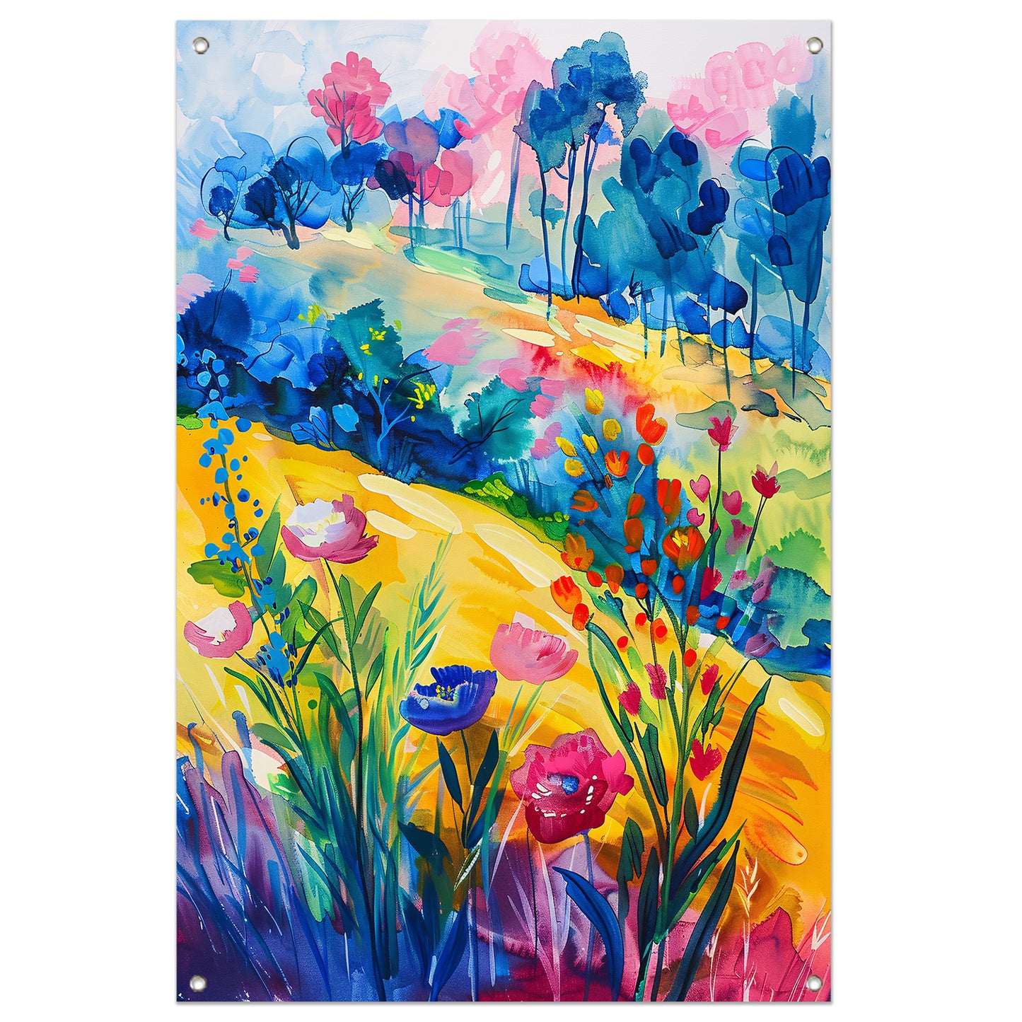 Kleurrijk aquarel van zomerse bloemen en bomen tuinposter