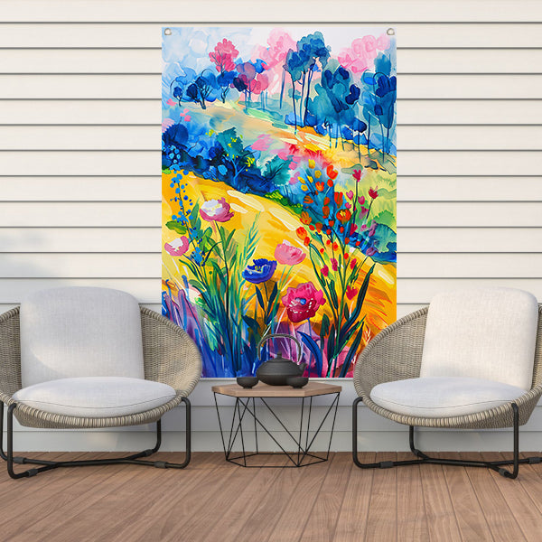 Kleurrijk aquarel van zomerse bloemen en bomen tuinposter