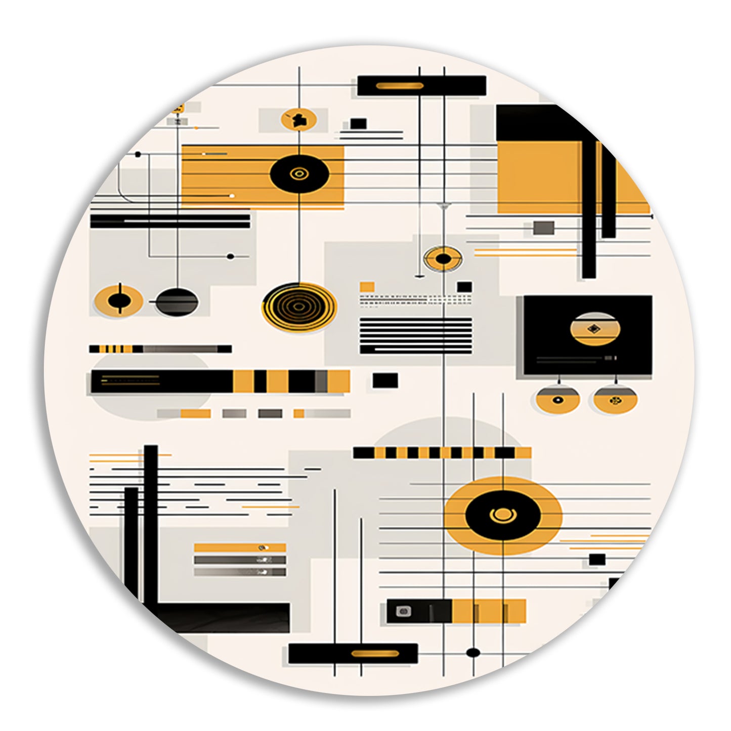 Abstracte Geometrische Compositie in Zwart, Wit en Geel forex muurcirkel