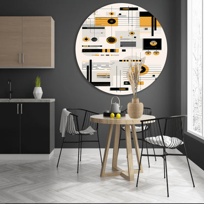 Abstracte Geometrische Compositie in Zwart, Wit en Geel forex muurcirkel