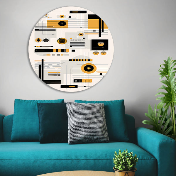 Abstracte Geometrische Compositie in Zwart, Wit en Geel forex muurcirkel