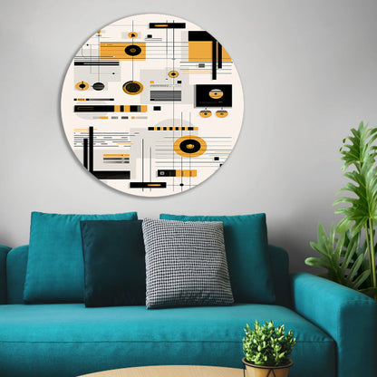 Abstracte Geometrische Compositie in Zwart, Wit en Geel forex muurcirkel