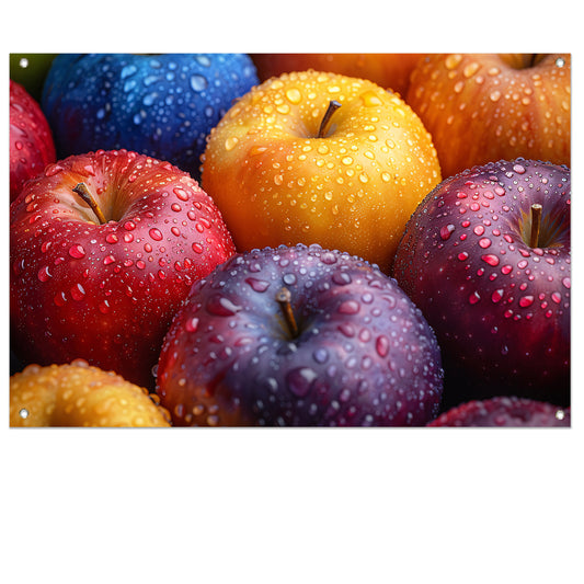 Levendige appels bedekt met dauwdruppels tuinposter